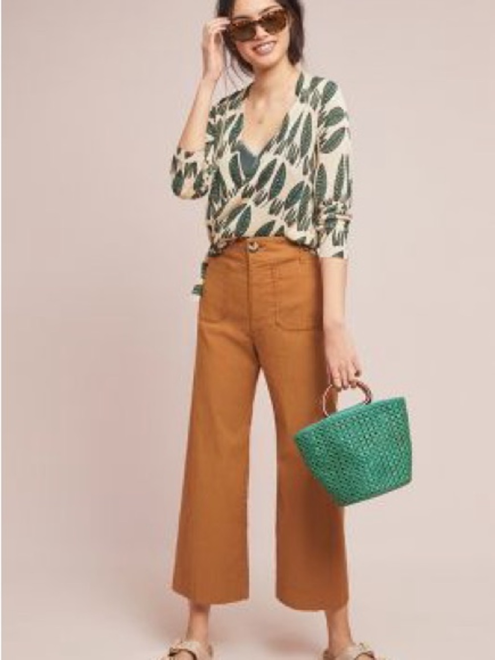 Leaf Print Wrap Top with Green and Cream Palette